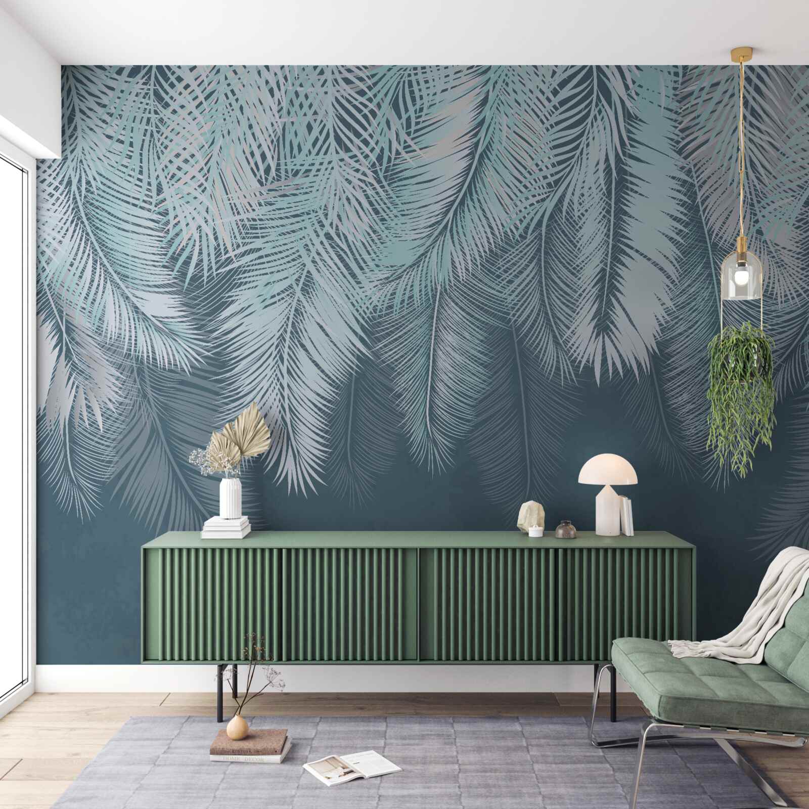 Papier peint les feuilles sont vert clair et leur extrémité est dirigée vers le bas