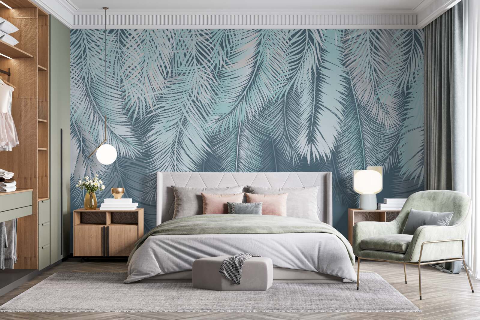 Papier peint les feuilles sont vert clair et leur extrémité est dirigée vers le bas