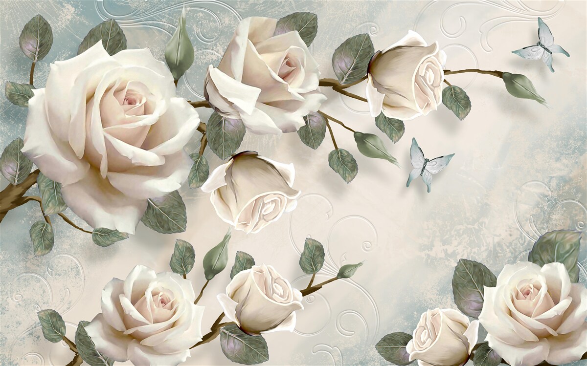 Papier peint papillons sur les branches d'une belle rose blanche