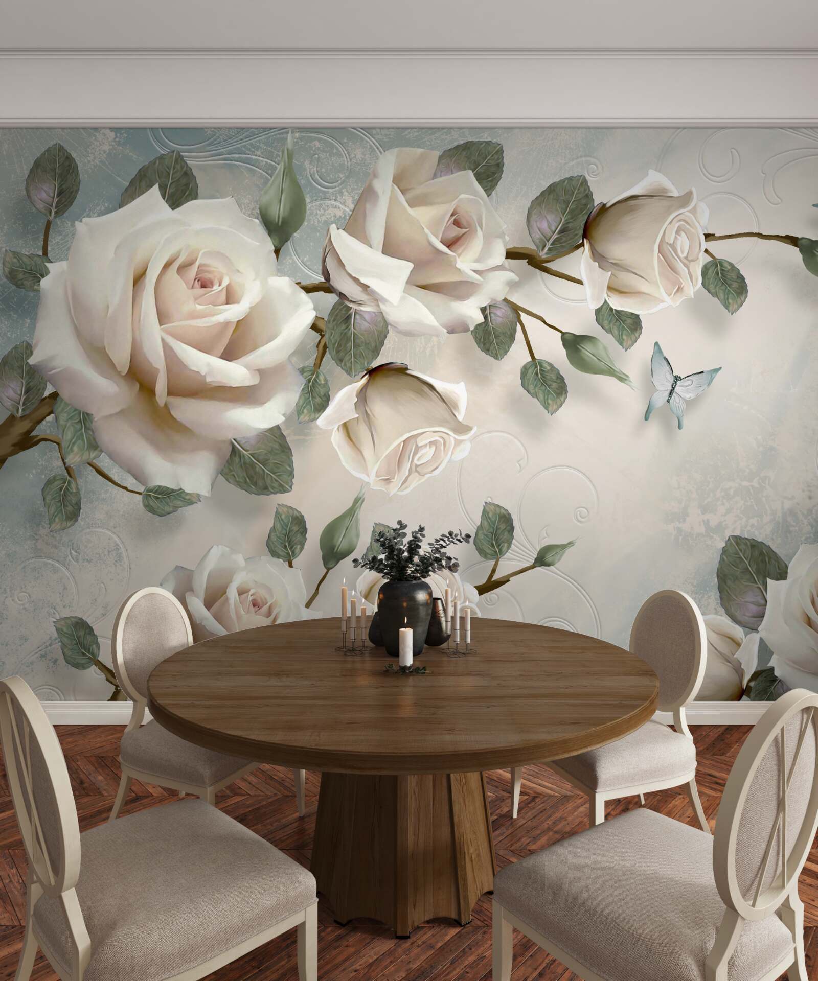 Papier peint papillons sur les branches d'une belle rose blanche