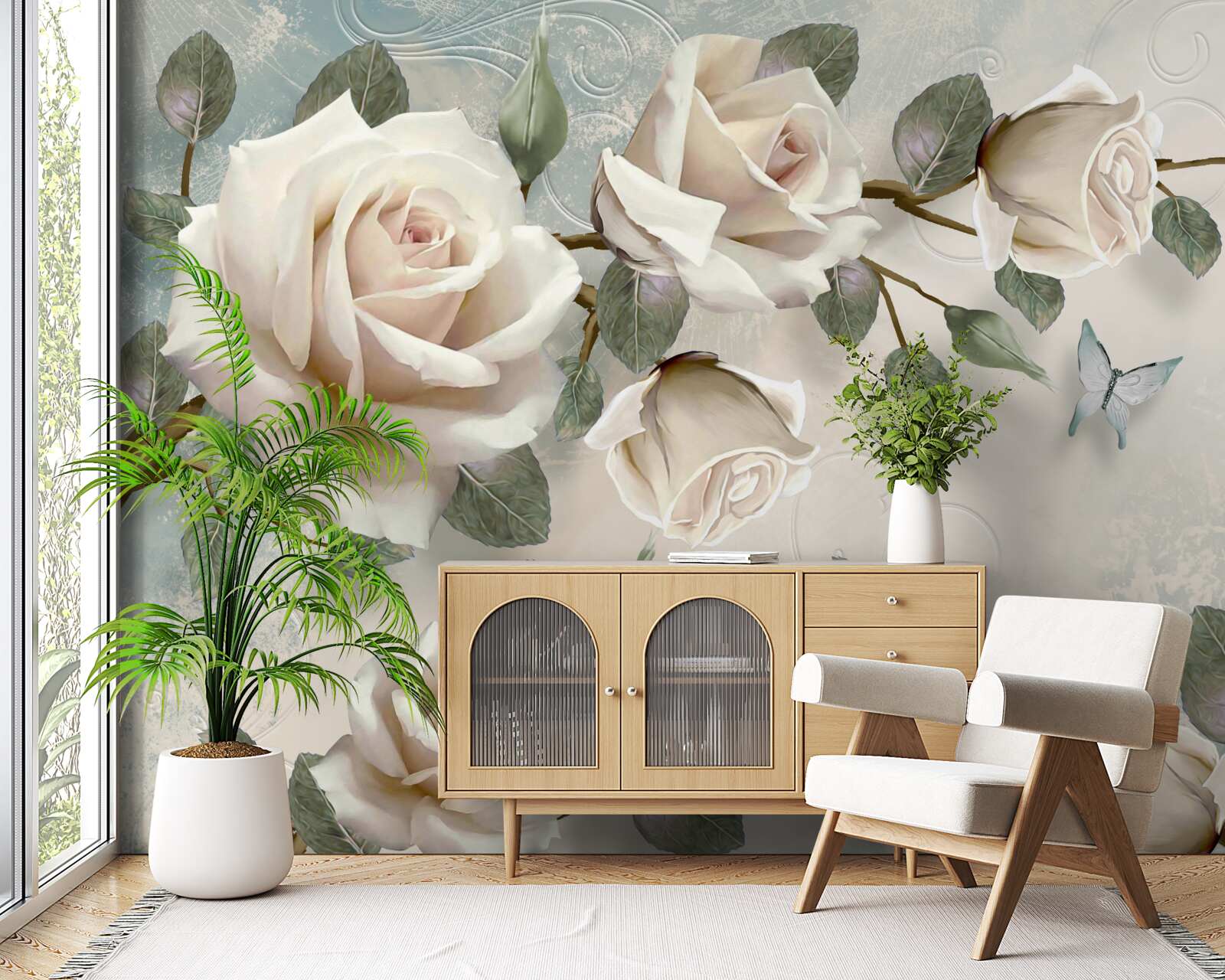 Papier peint papillons sur les branches d'une belle rose blanche