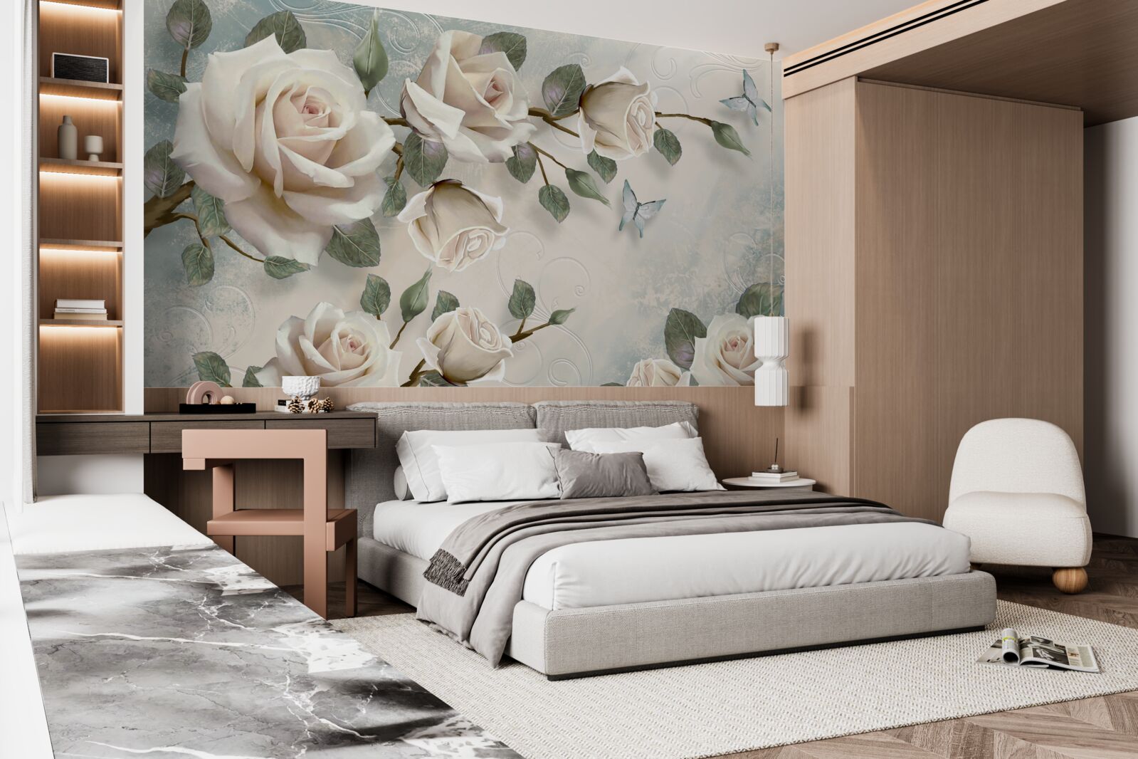 Papier peint papillons sur les branches d'une belle rose blanche