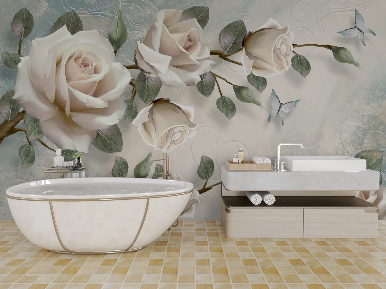 Papier peint papillons sur les branches d'une belle rose blanche