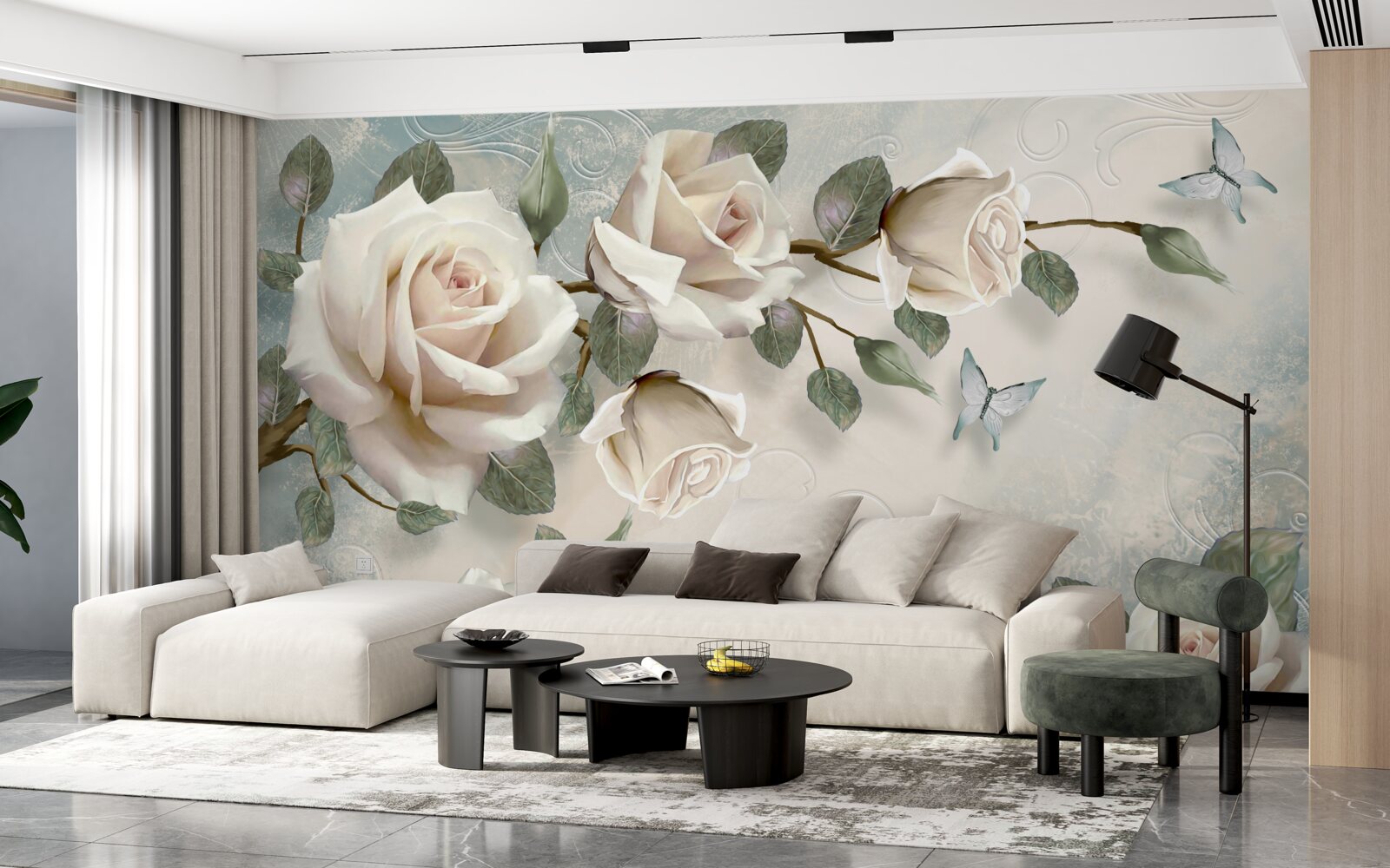 Papier peint papillons sur les branches d'une belle rose blanche