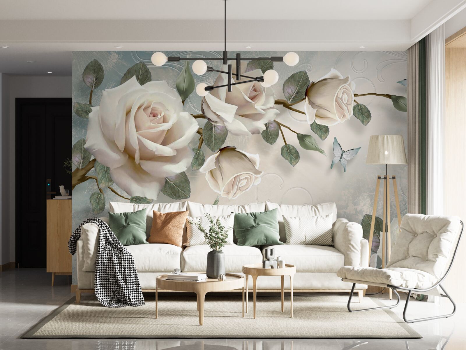 Papier peint papillons sur les branches d'une belle rose blanche