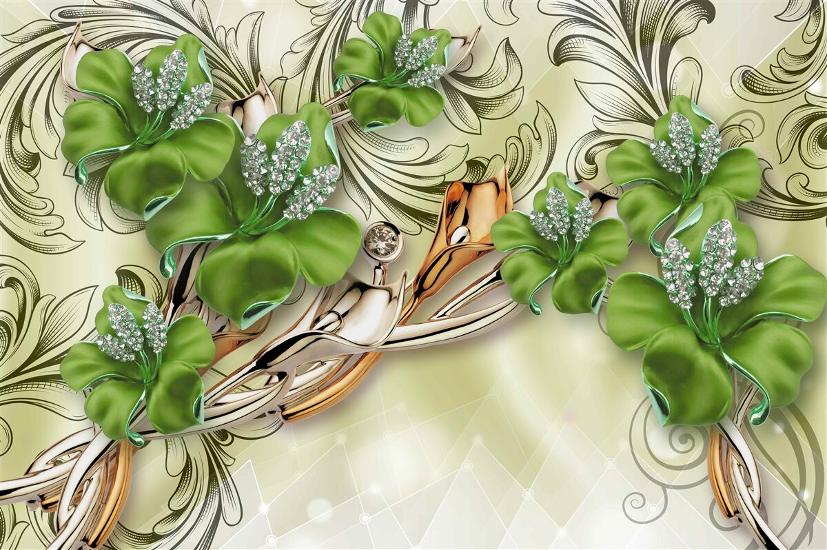 Papier peint les fleurs sont vertes, décorées de perles et d'or