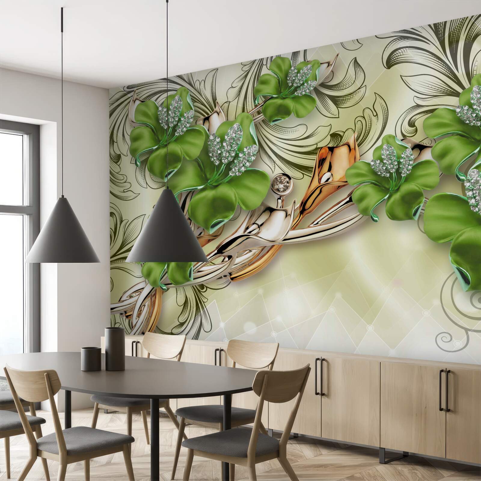 Papier peint les fleurs sont vertes, décorées de perles et d'or