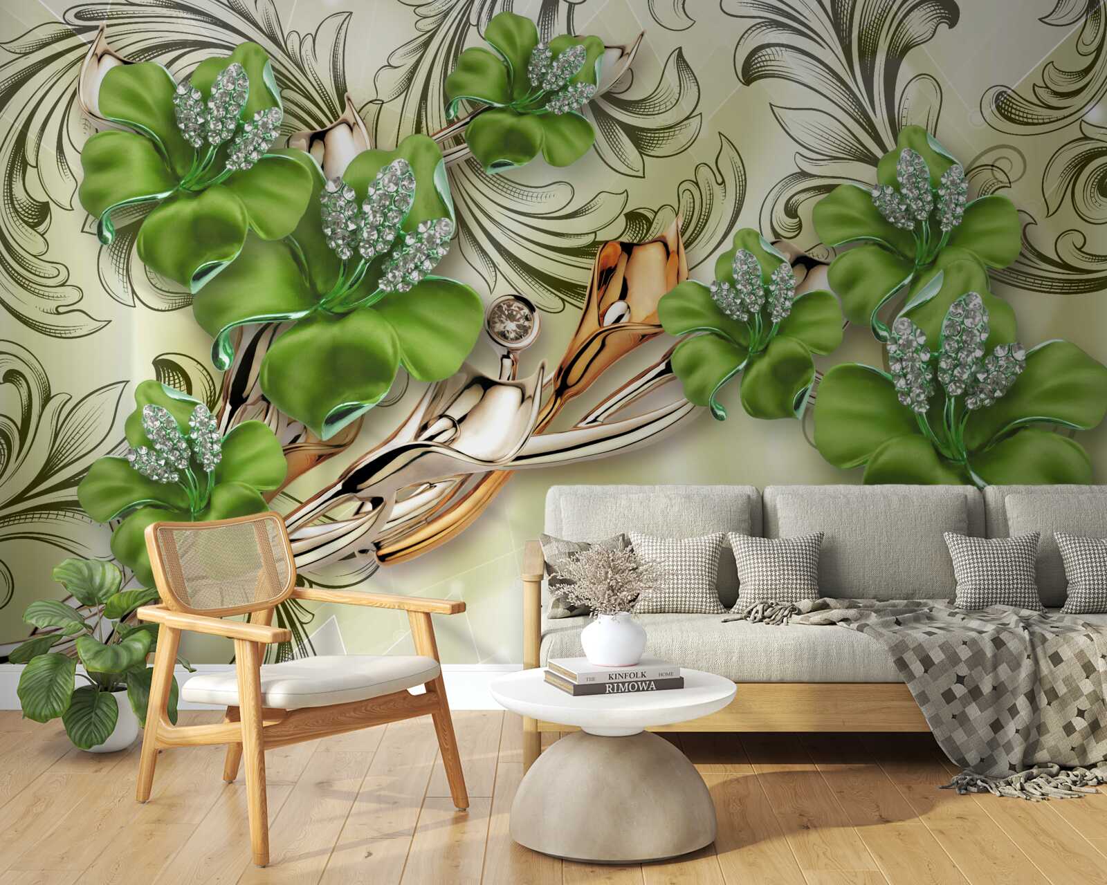 Papier peint les fleurs sont vertes, décorées de perles et d'or