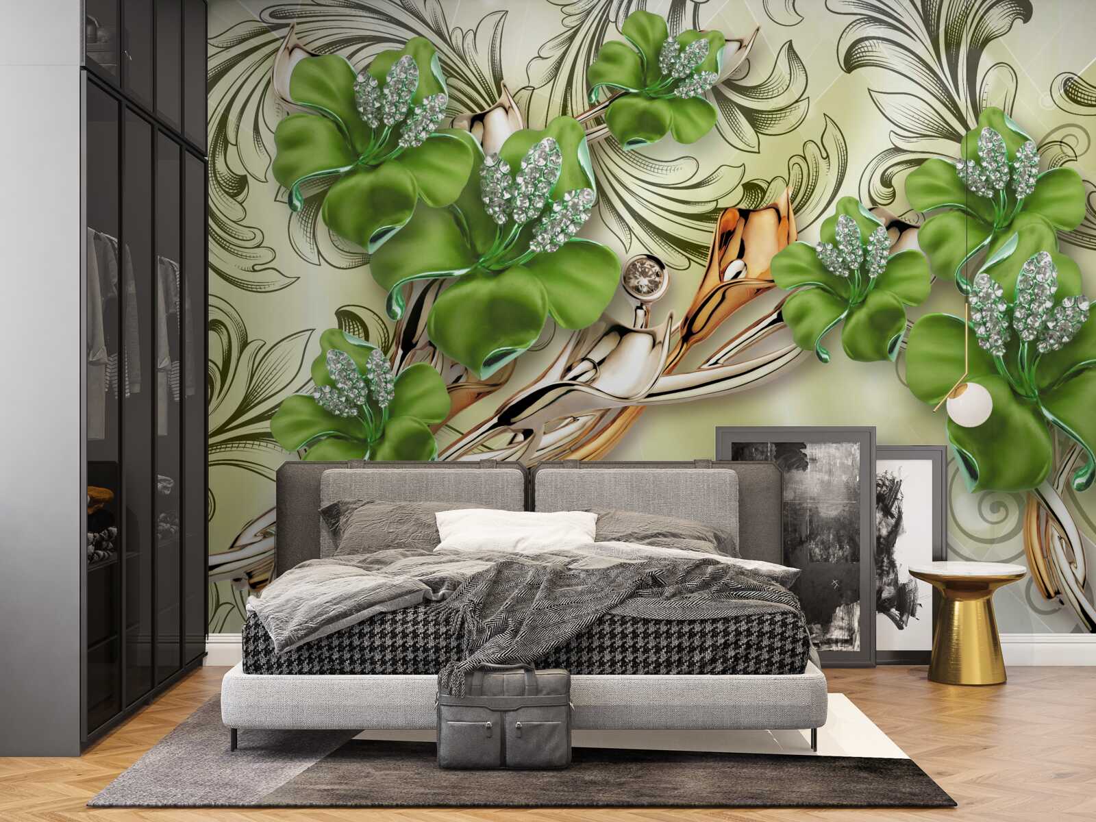 Papier peint les fleurs sont vertes, décorées de perles et d'or