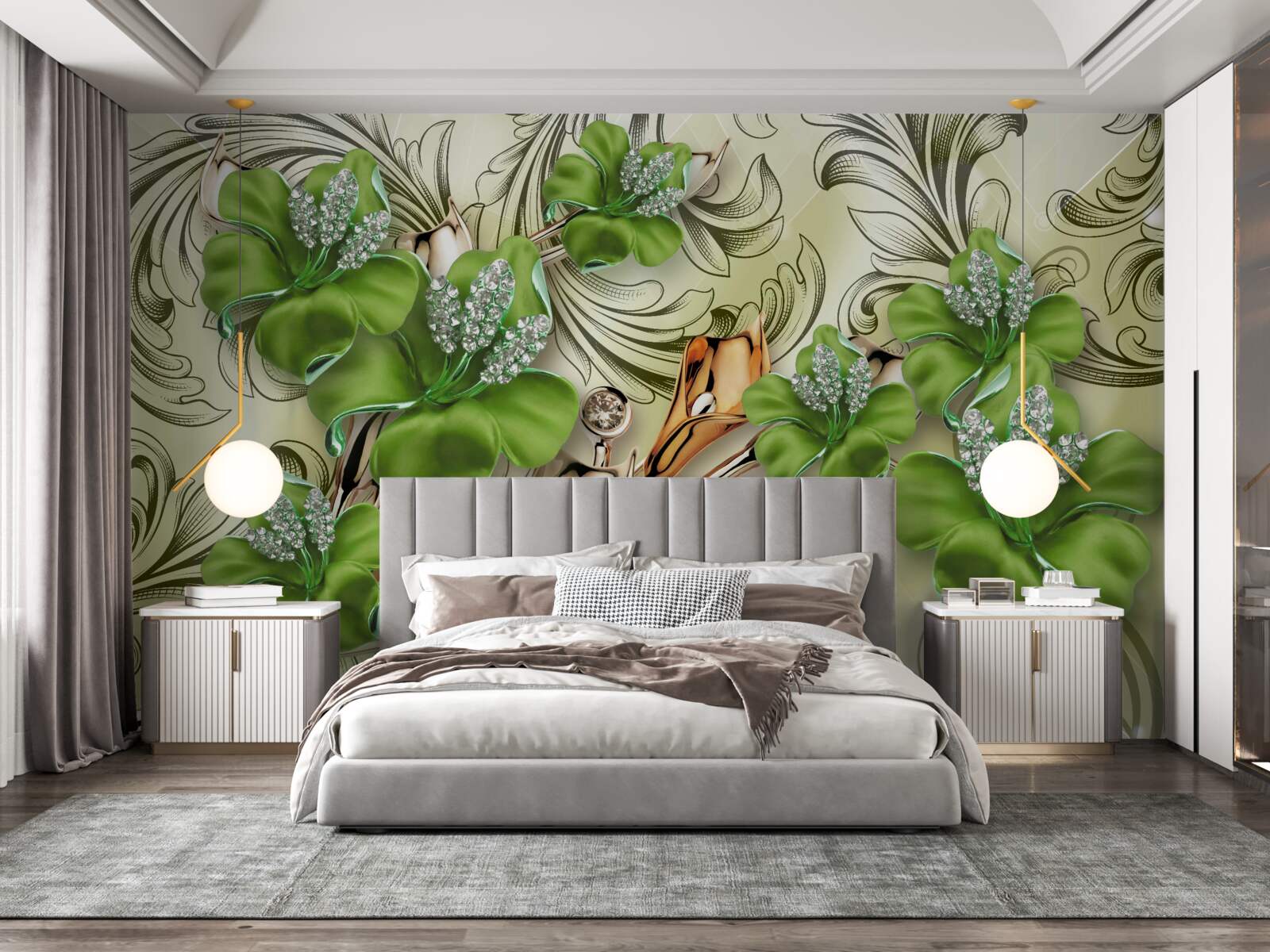 Papier peint les fleurs sont vertes, décorées de perles et d'or