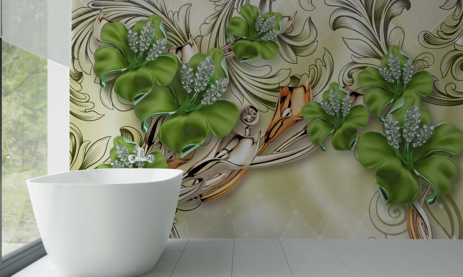 Papier peint les fleurs sont vertes, décorées de perles et d'or