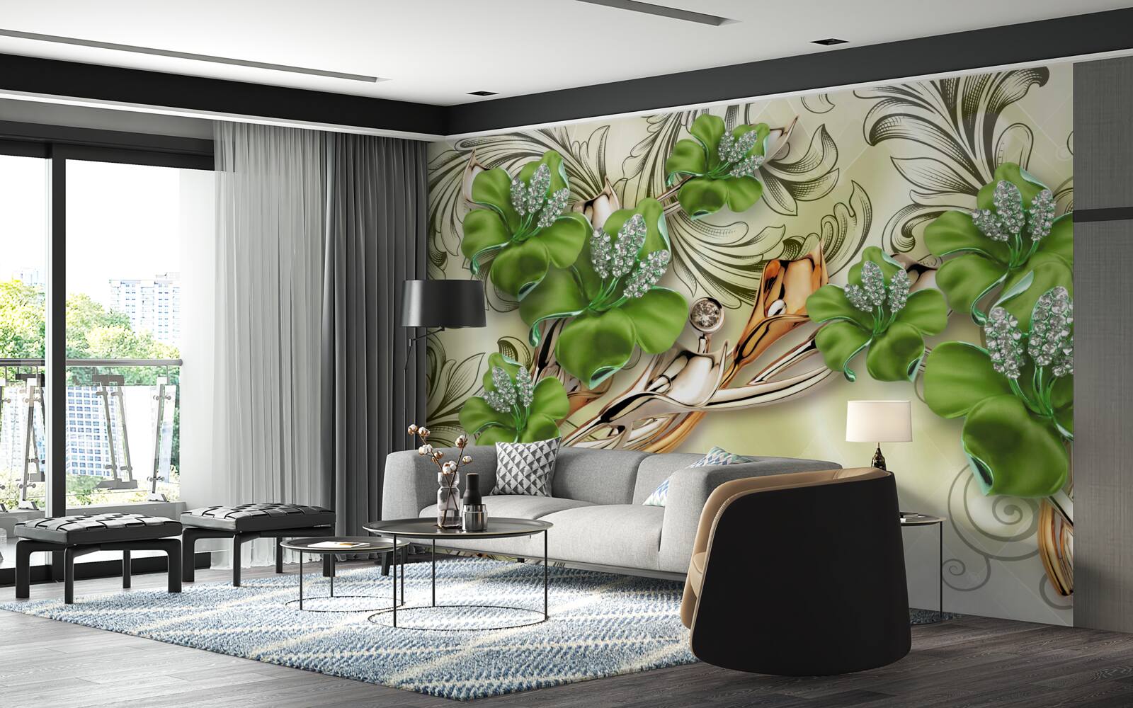 Papier peint les fleurs sont vertes, décorées de perles et d'or