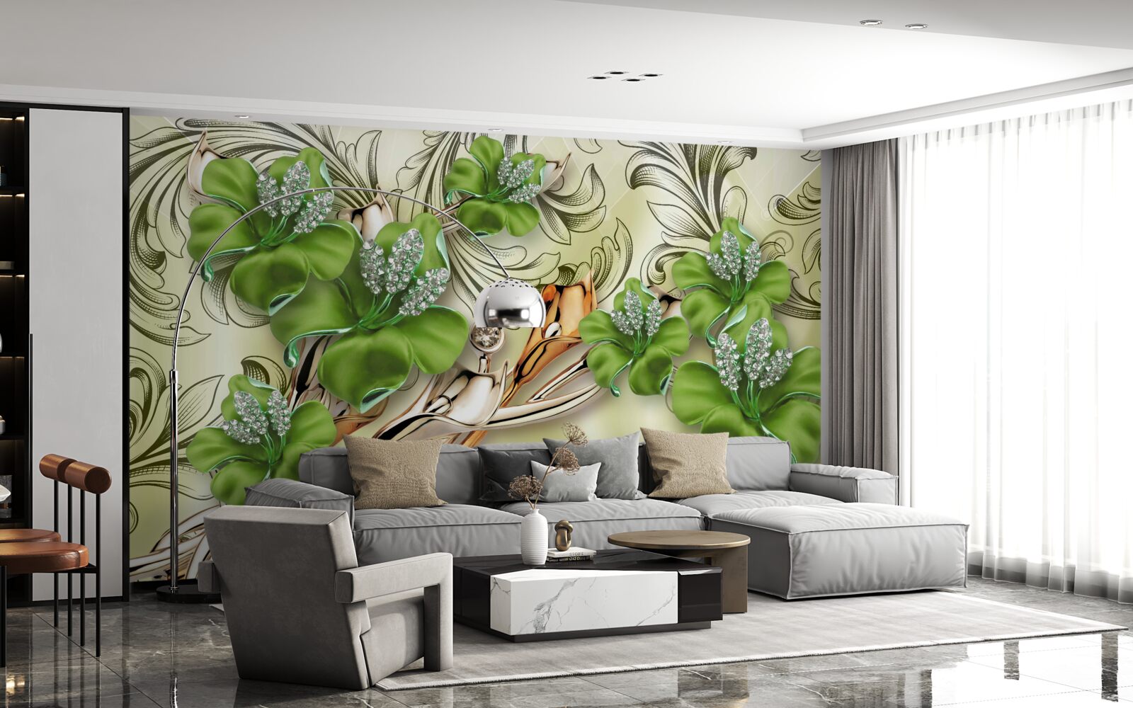 Papier peint les fleurs sont vertes, décorées de perles et d'or