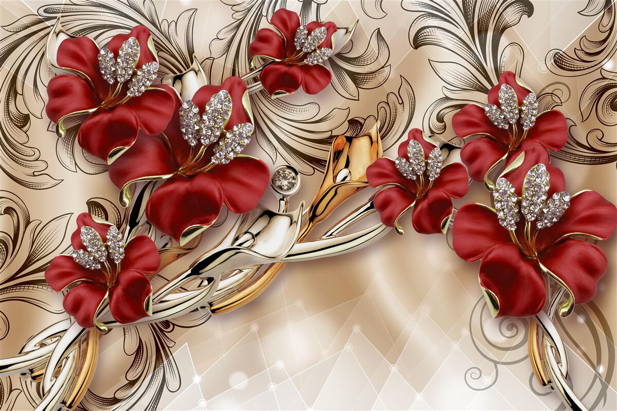 Papier peint bijoux en or avec bourgeons rouges