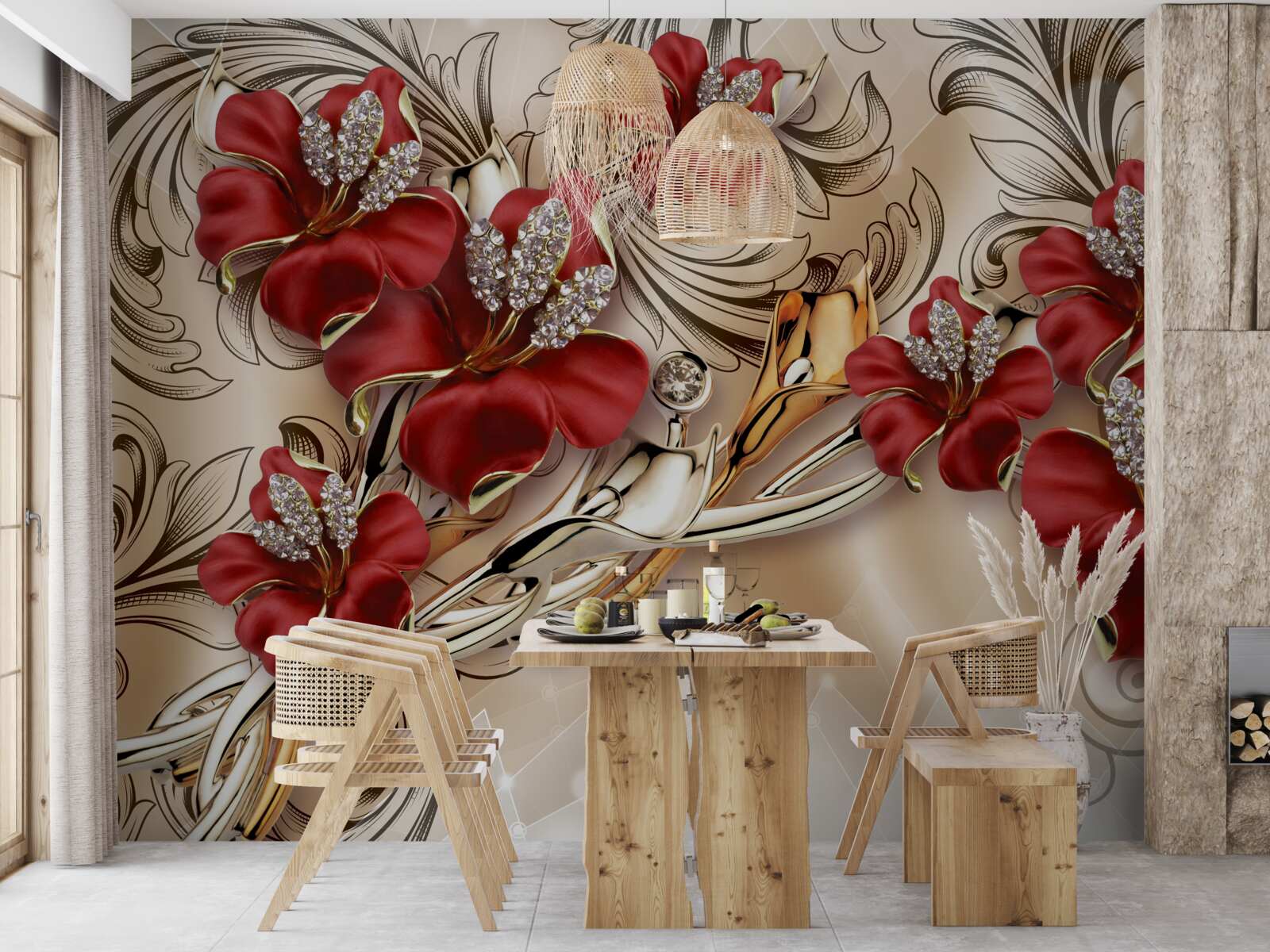 Papier peint bijoux en or avec bourgeons rouges