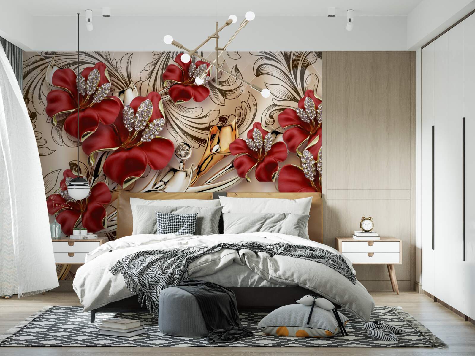 Papier peint bijoux en or avec bourgeons rouges