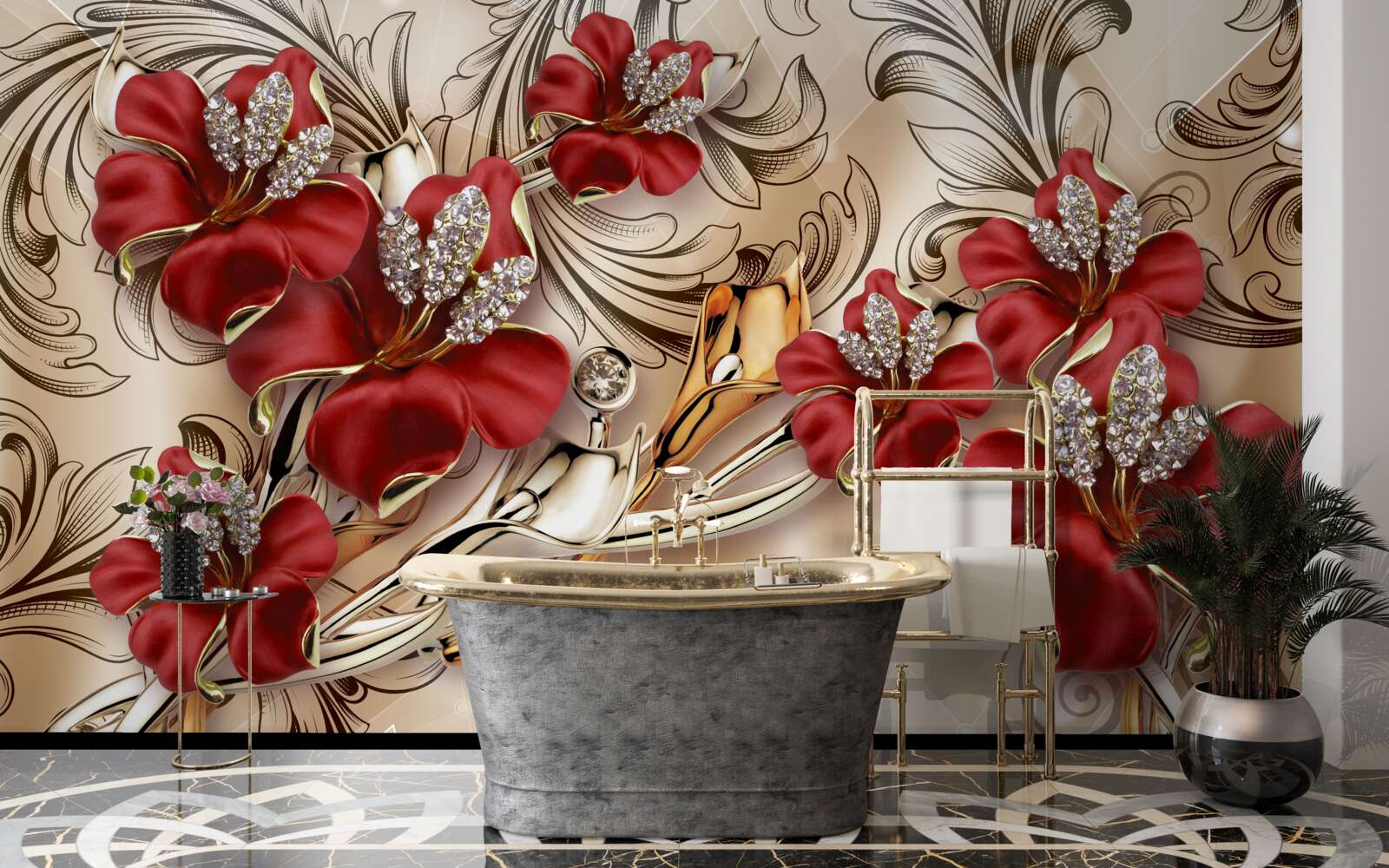 Papier peint bijoux en or avec bourgeons rouges