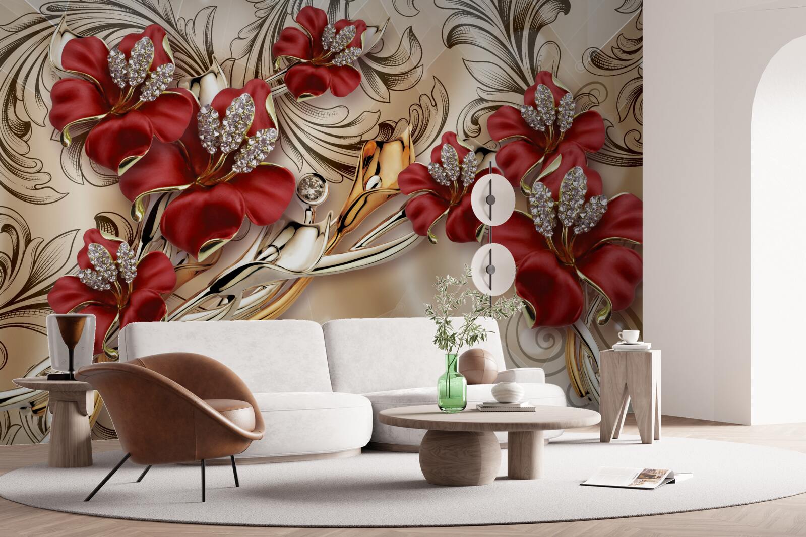 Papier peint bijoux en or avec bourgeons rouges