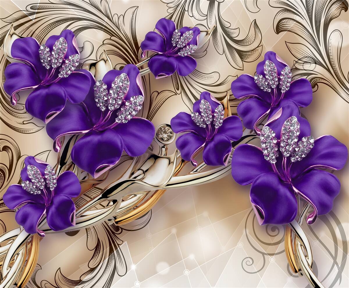 Papier peint pierres et métaux précieux décorés de fleurs violettes