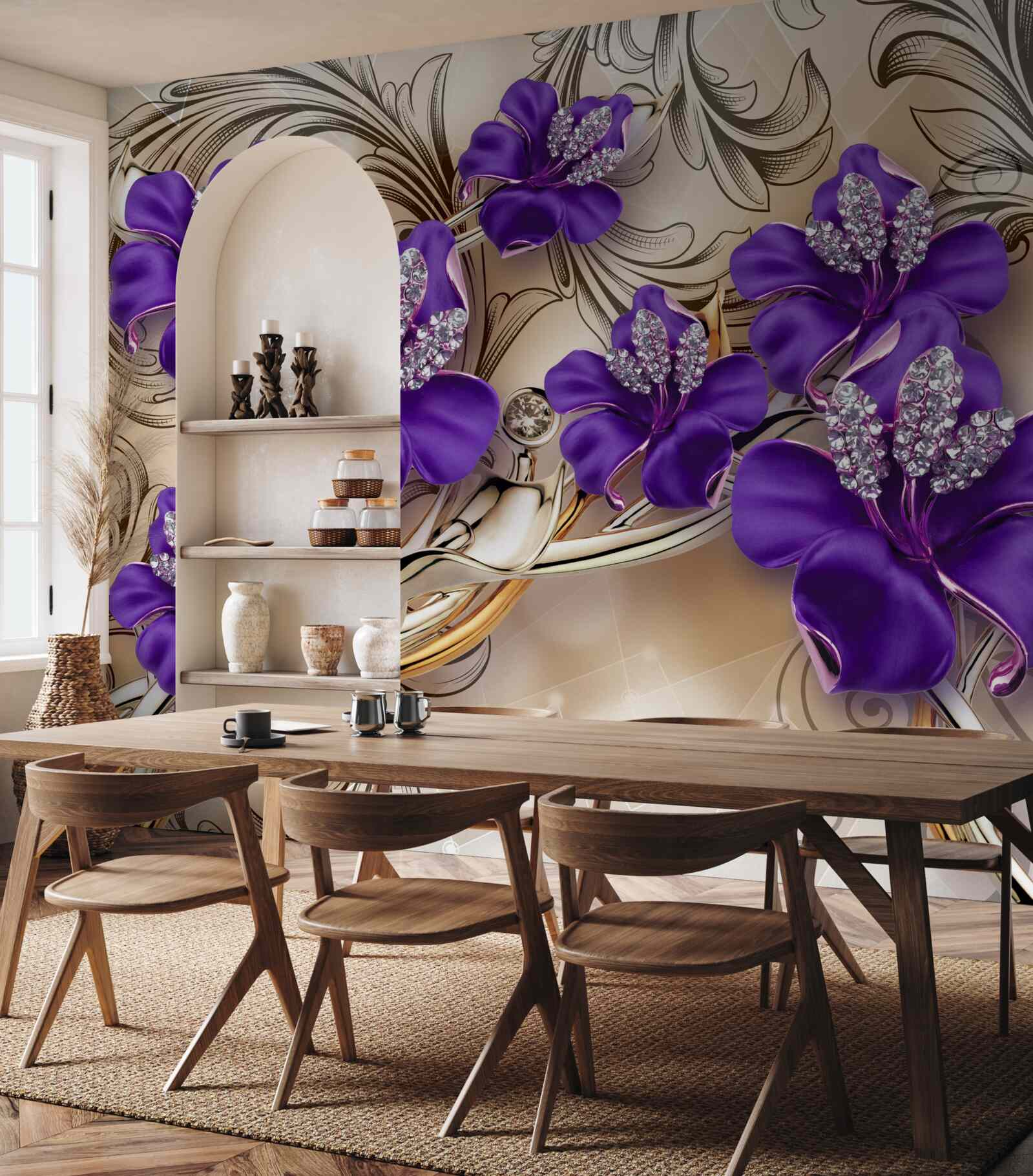 Papier peint pierres et métaux précieux décorés de fleurs violettes