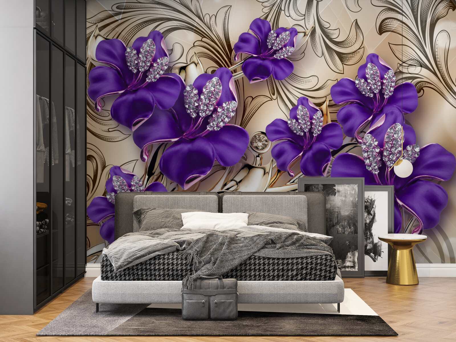 Papier peint pierres et métaux précieux décorés de fleurs violettes