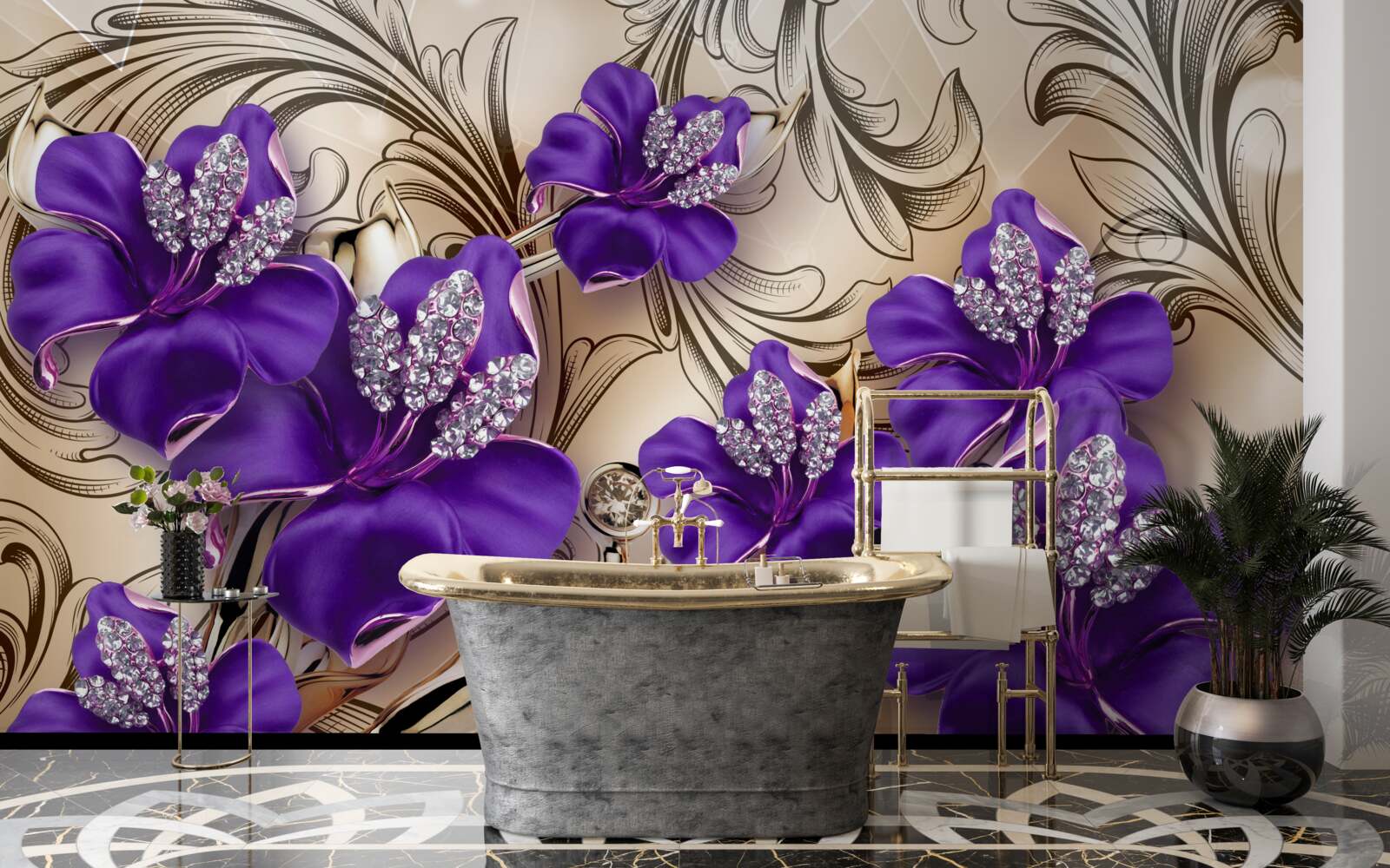 Papier peint pierres et métaux précieux décorés de fleurs violettes