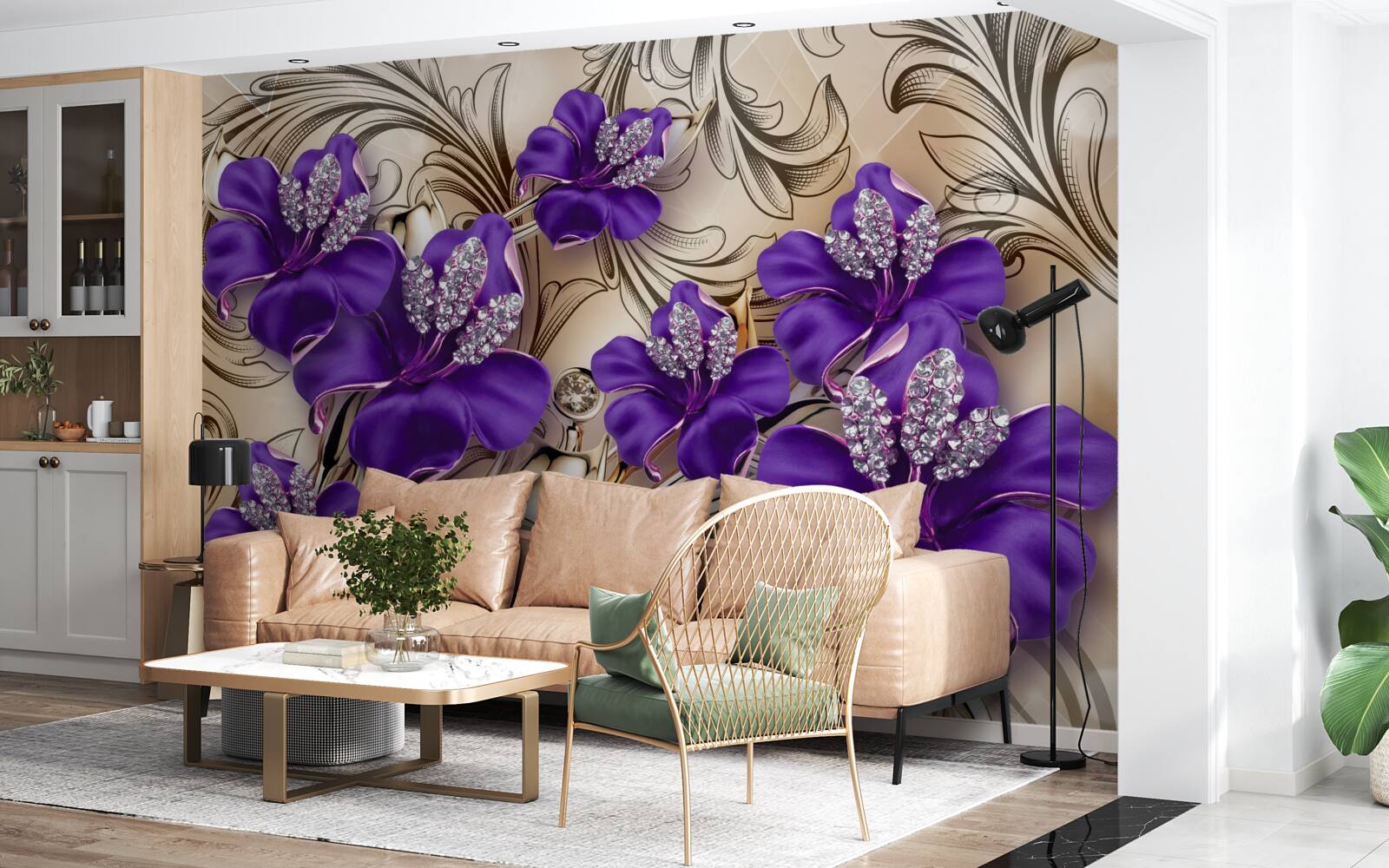 Papier peint pierres et métaux précieux décorés de fleurs violettes