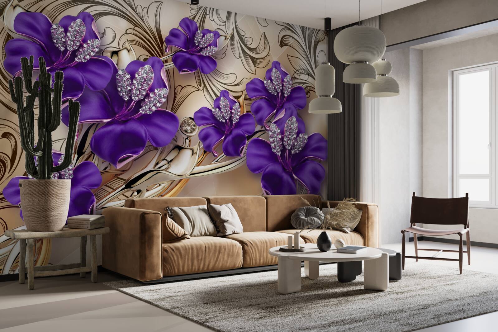 Papier peint pierres et métaux précieux décorés de fleurs violettes