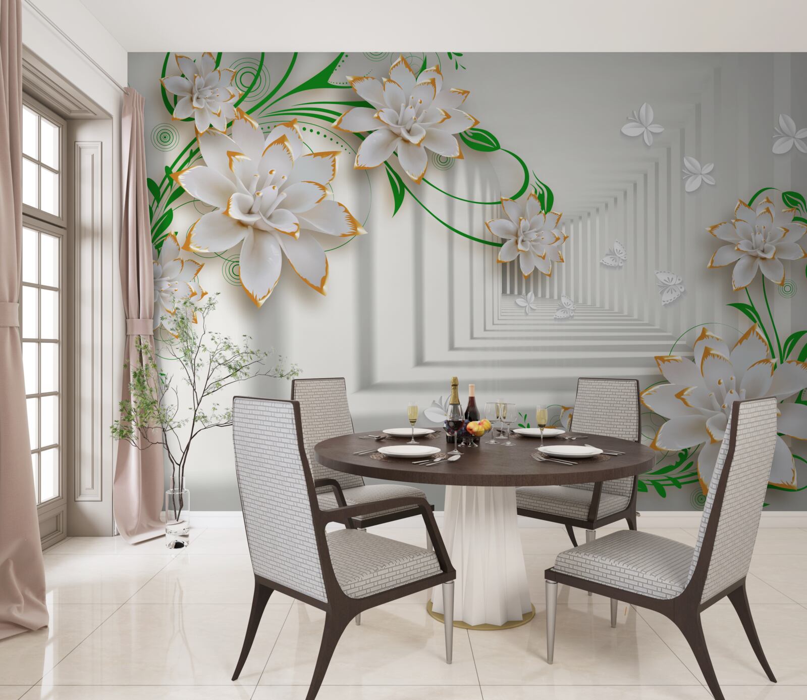 Papier peint tunnel abstrait décoré de feuilles vertes et de lotus blancs