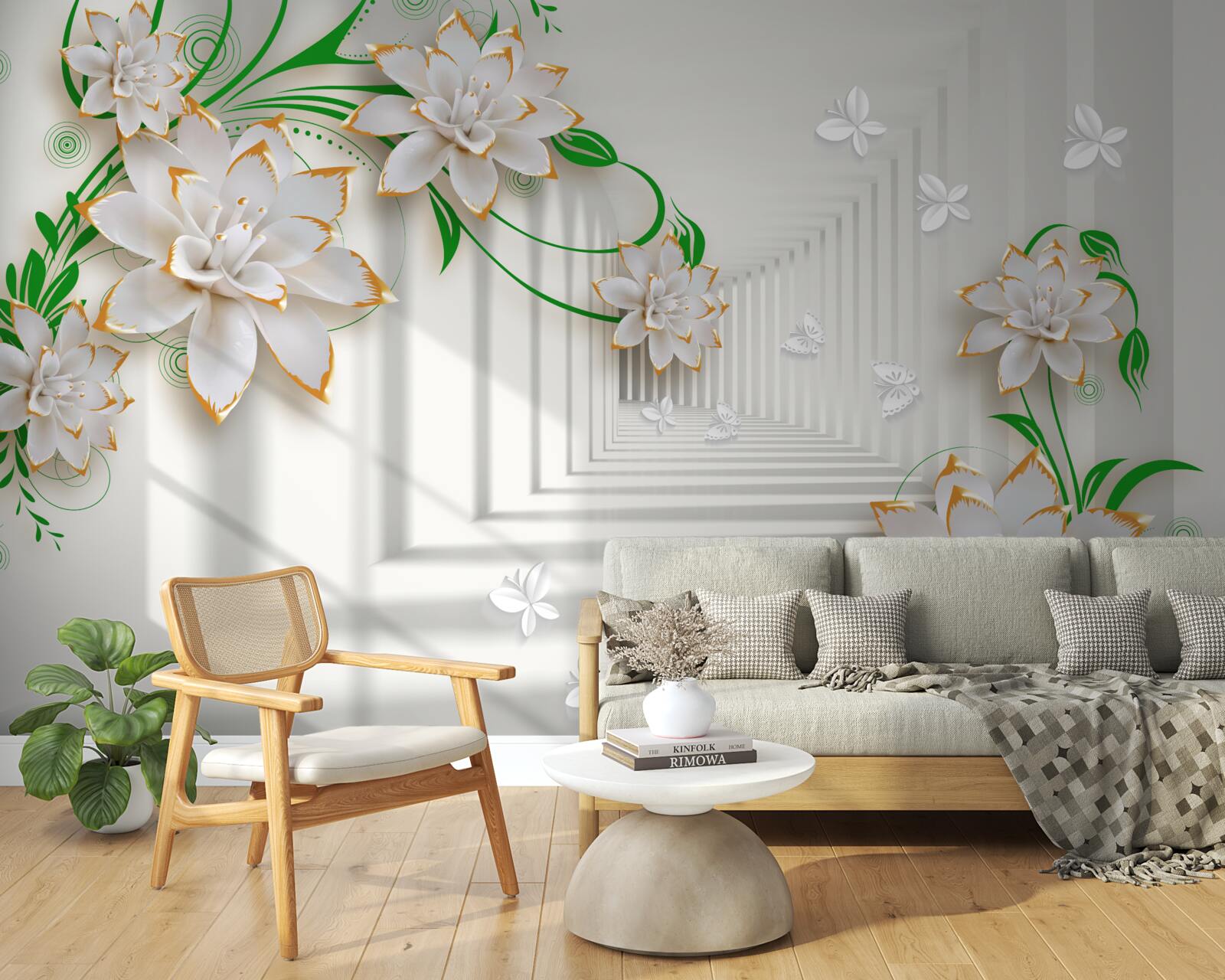 Papier peint tunnel abstrait décoré de feuilles vertes et de lotus blancs