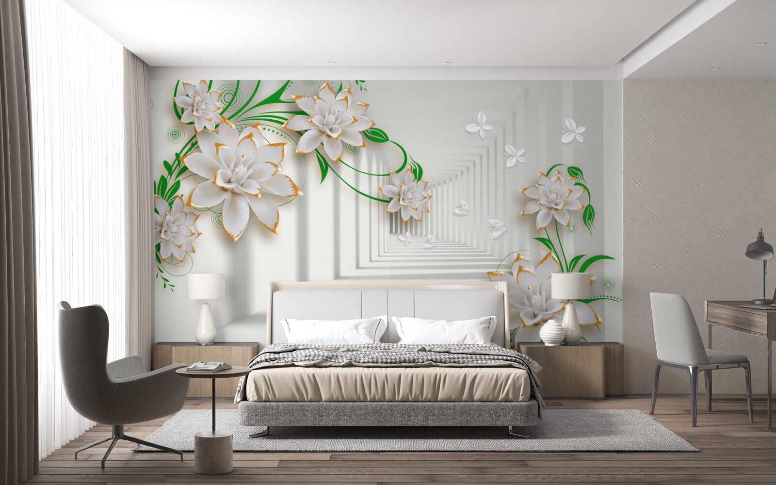 Papier peint tunnel abstrait décoré de feuilles vertes et de lotus blancs