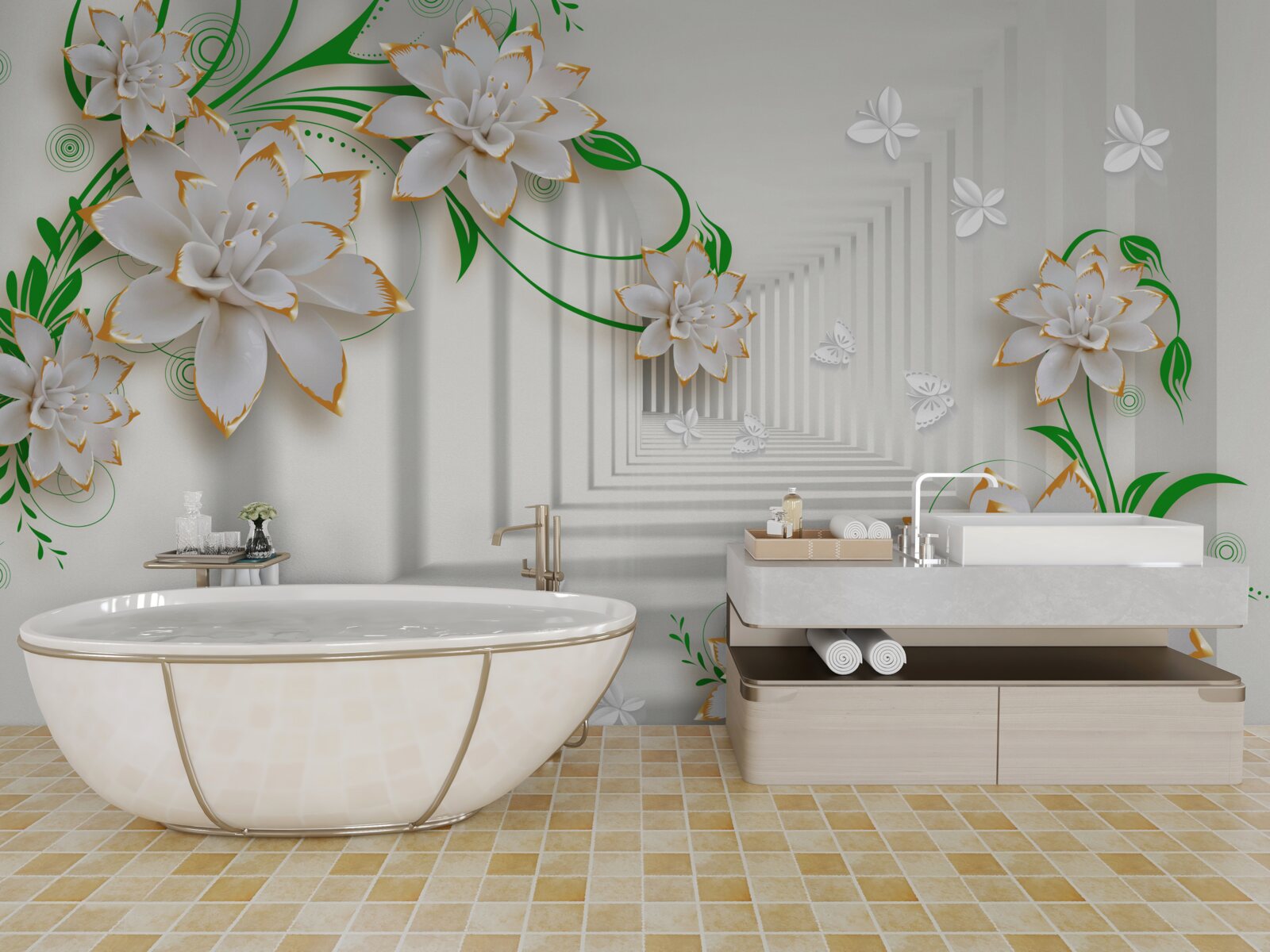 Papier peint tunnel abstrait décoré de feuilles vertes et de lotus blancs