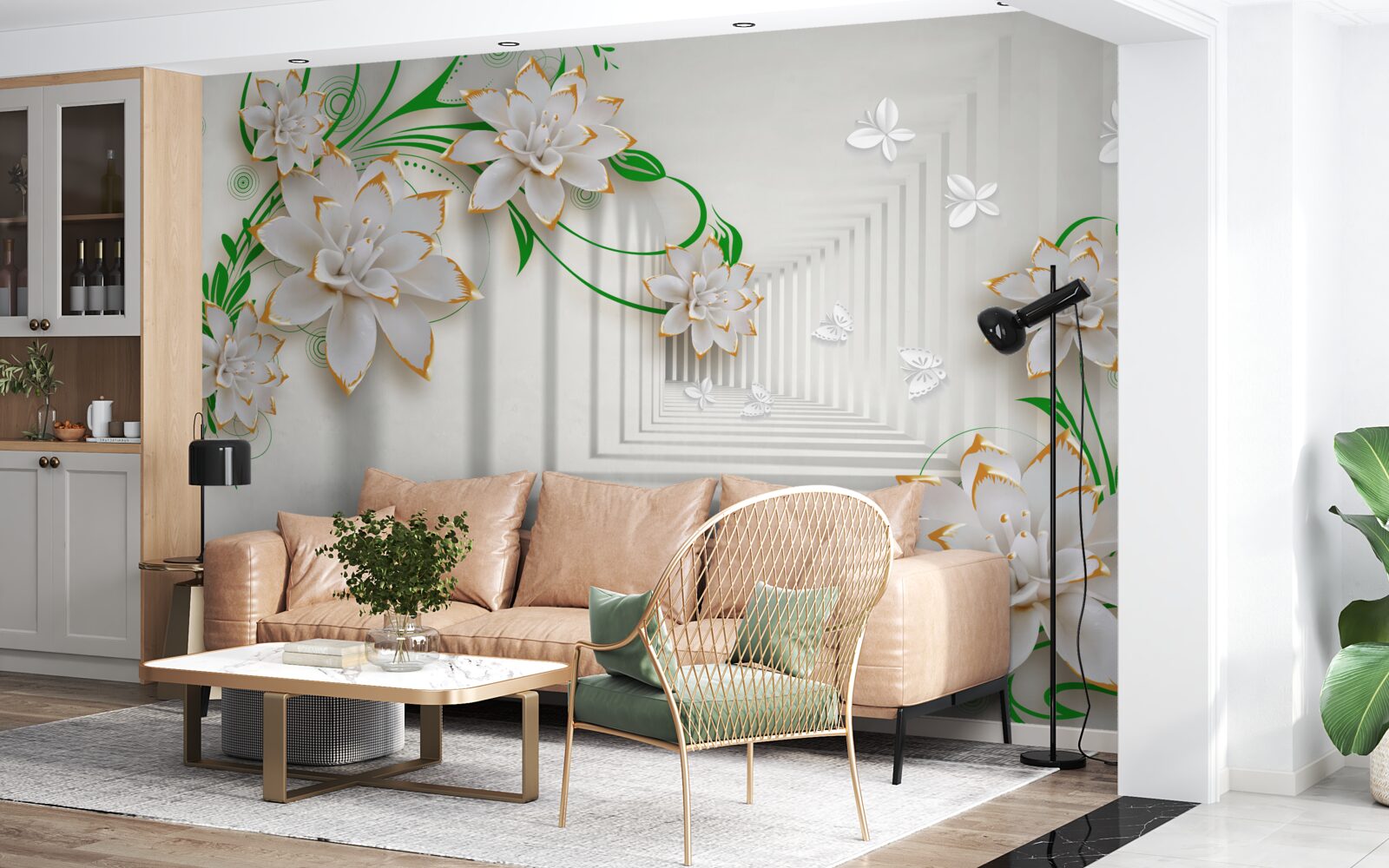 Papier peint tunnel abstrait décoré de feuilles vertes et de lotus blancs