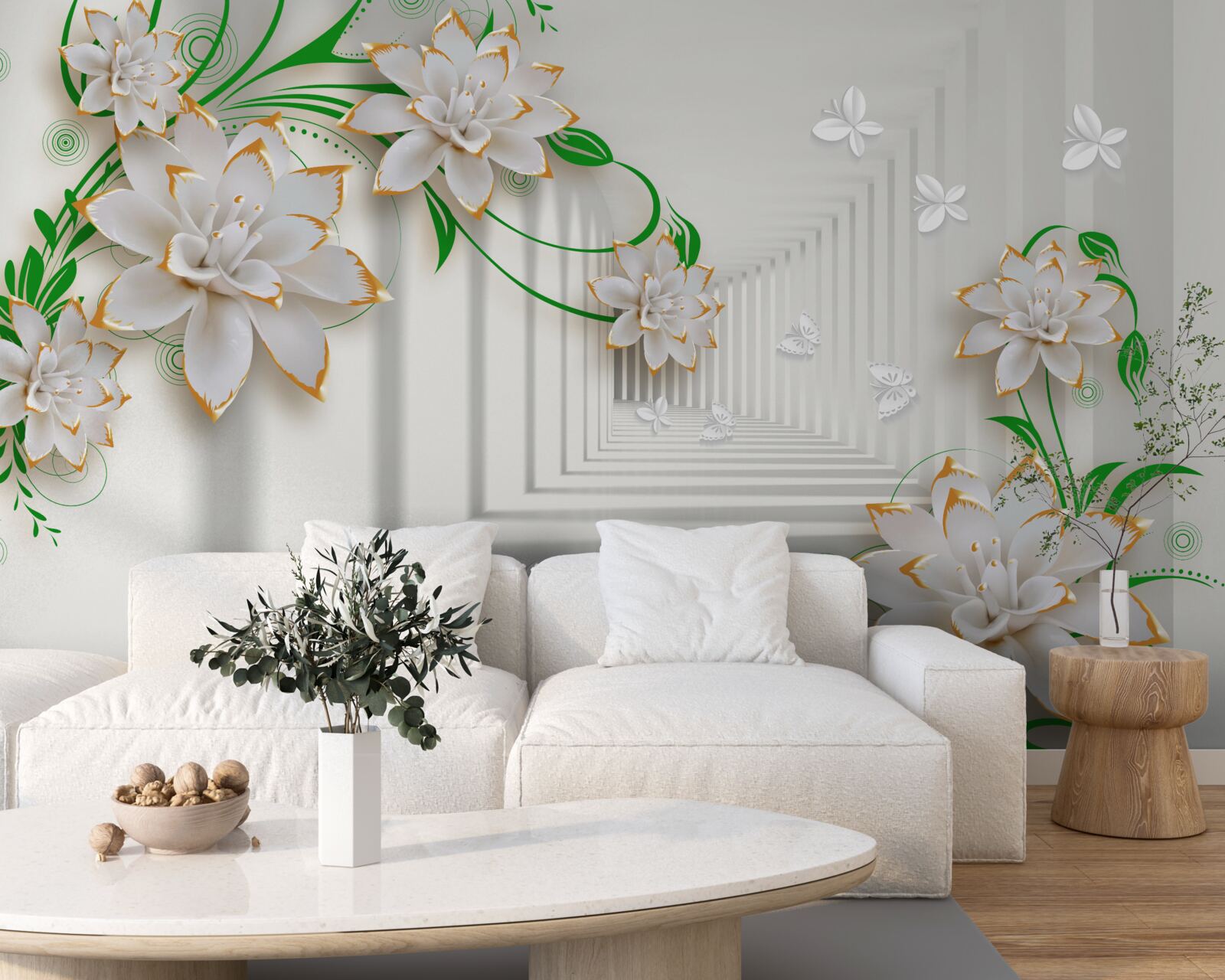 Papier peint tunnel abstrait décoré de feuilles vertes et de lotus blancs