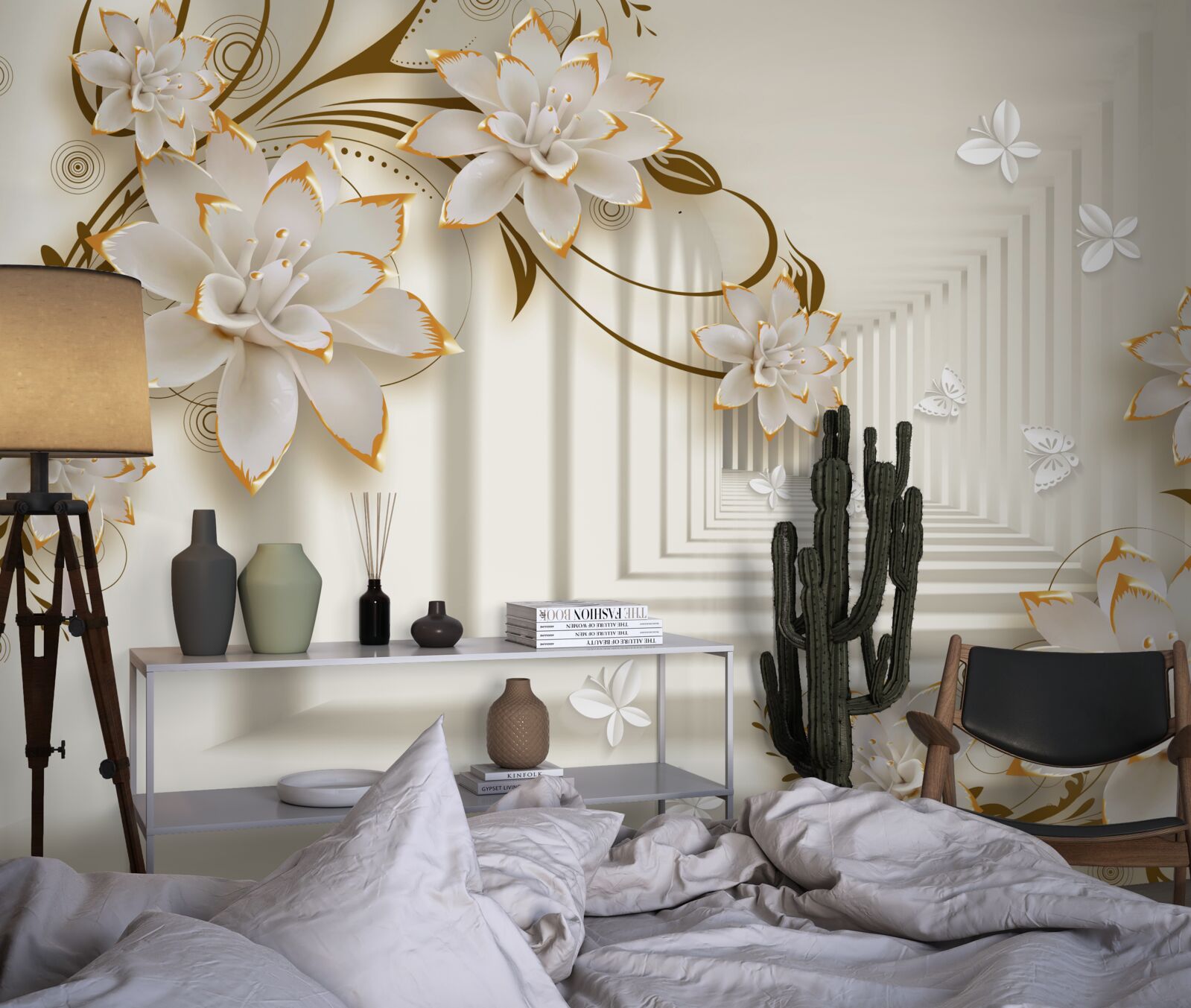 Papier peint colonnade blanche comme neige et branches fleuries exposées dans toute leur splendeur