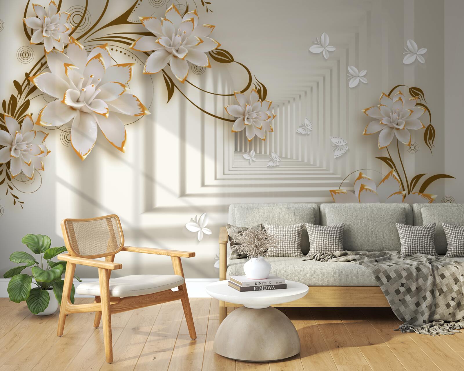 Papier peint colonnade blanche comme neige et branches fleuries exposées dans toute leur splendeur