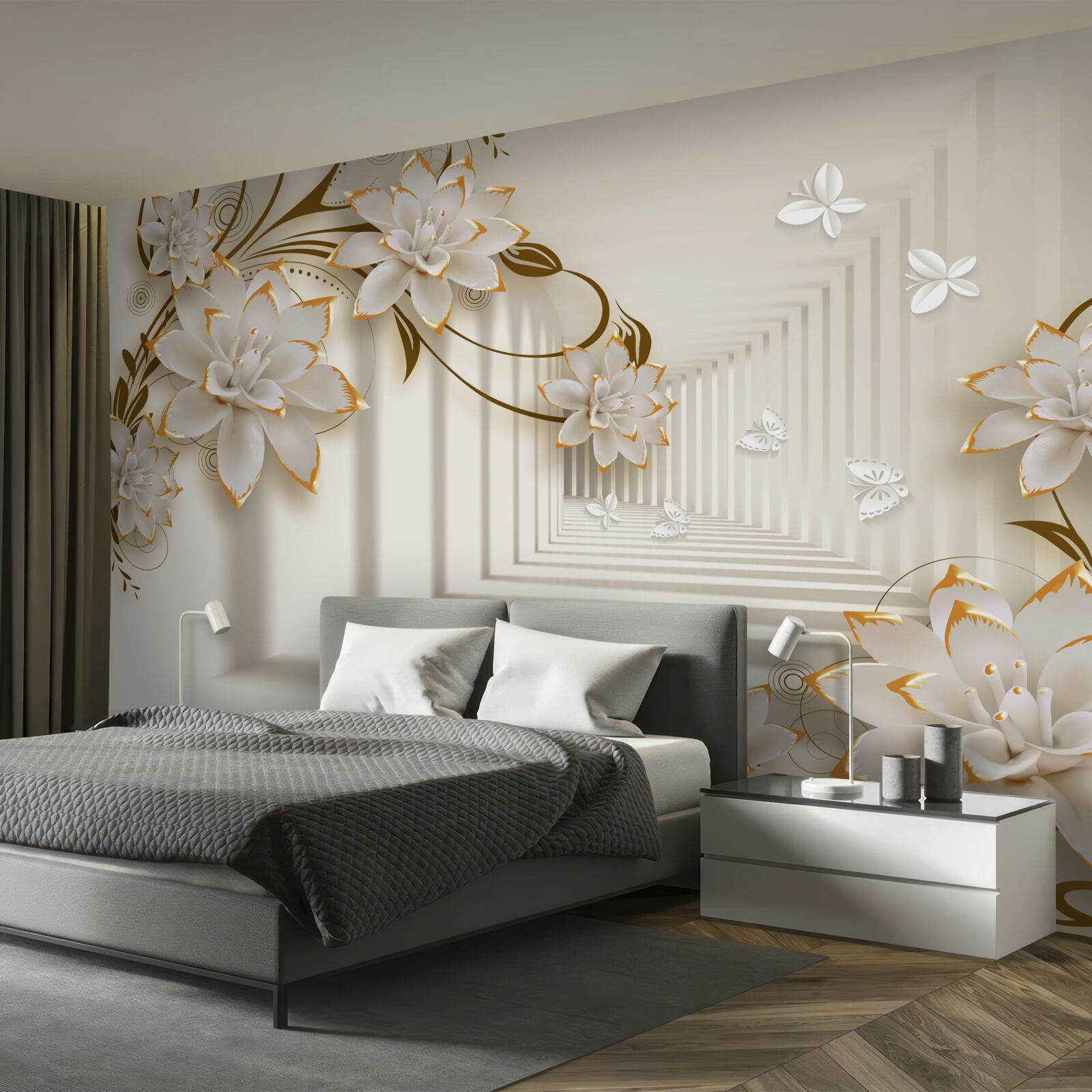 Papier peint colonnade blanche comme neige et branches fleuries exposées dans toute leur splendeur