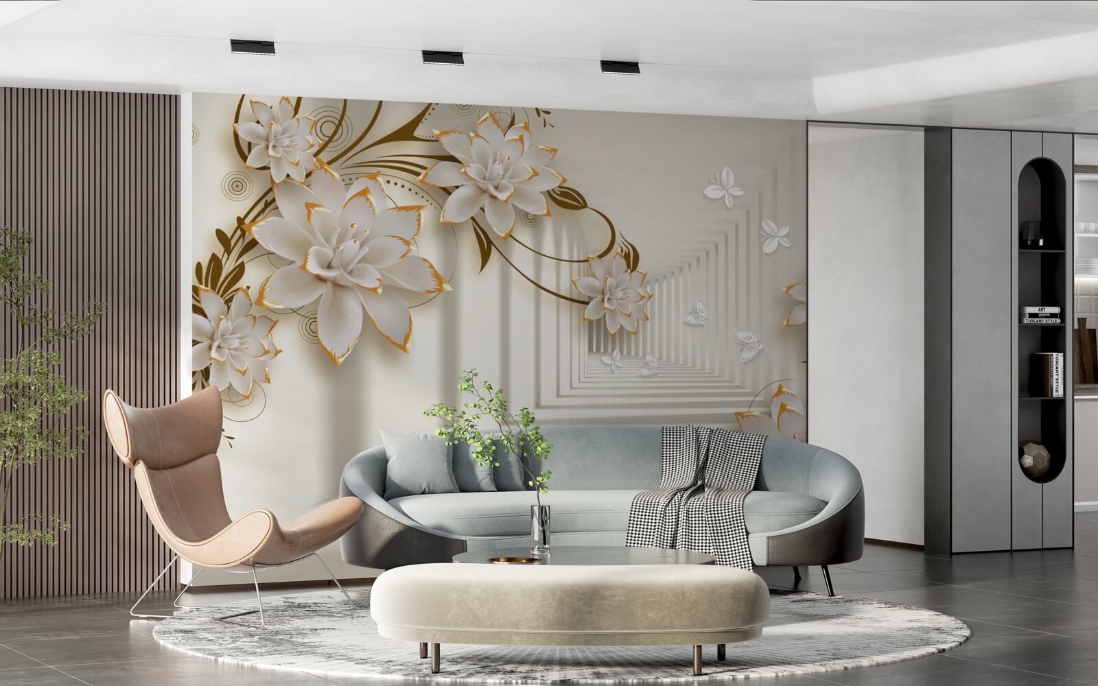 Papier peint colonnade blanche comme neige et branches fleuries exposées dans toute leur splendeur