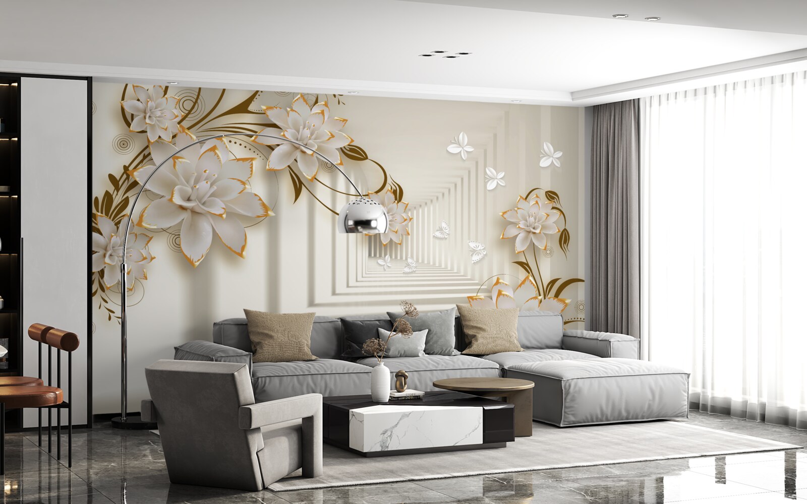 Papier peint colonnade blanche comme neige et branches fleuries exposées dans toute leur splendeur