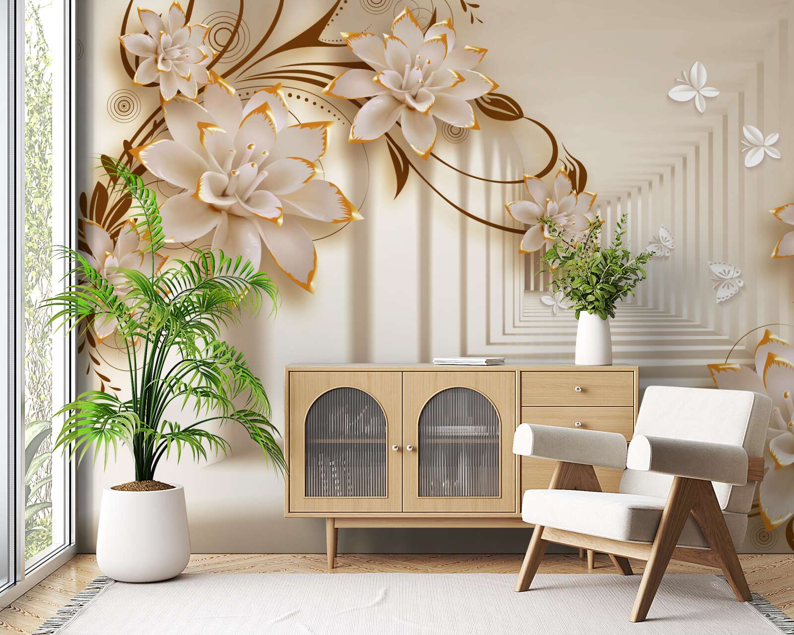 Papier peint les colonnes et les fleurs créent un tunnel irréel