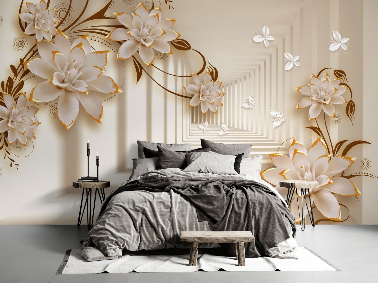 Papier peint les colonnes et les fleurs créent un tunnel irréel