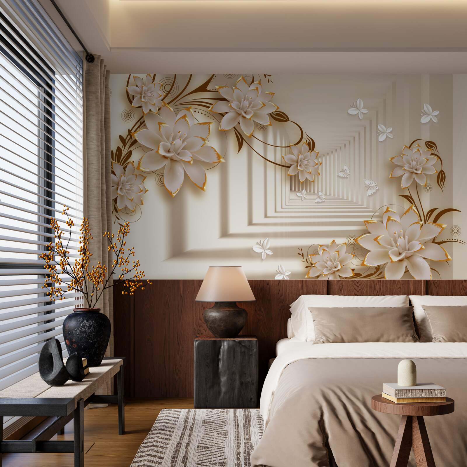 Papier peint les colonnes et les fleurs créent un tunnel irréel