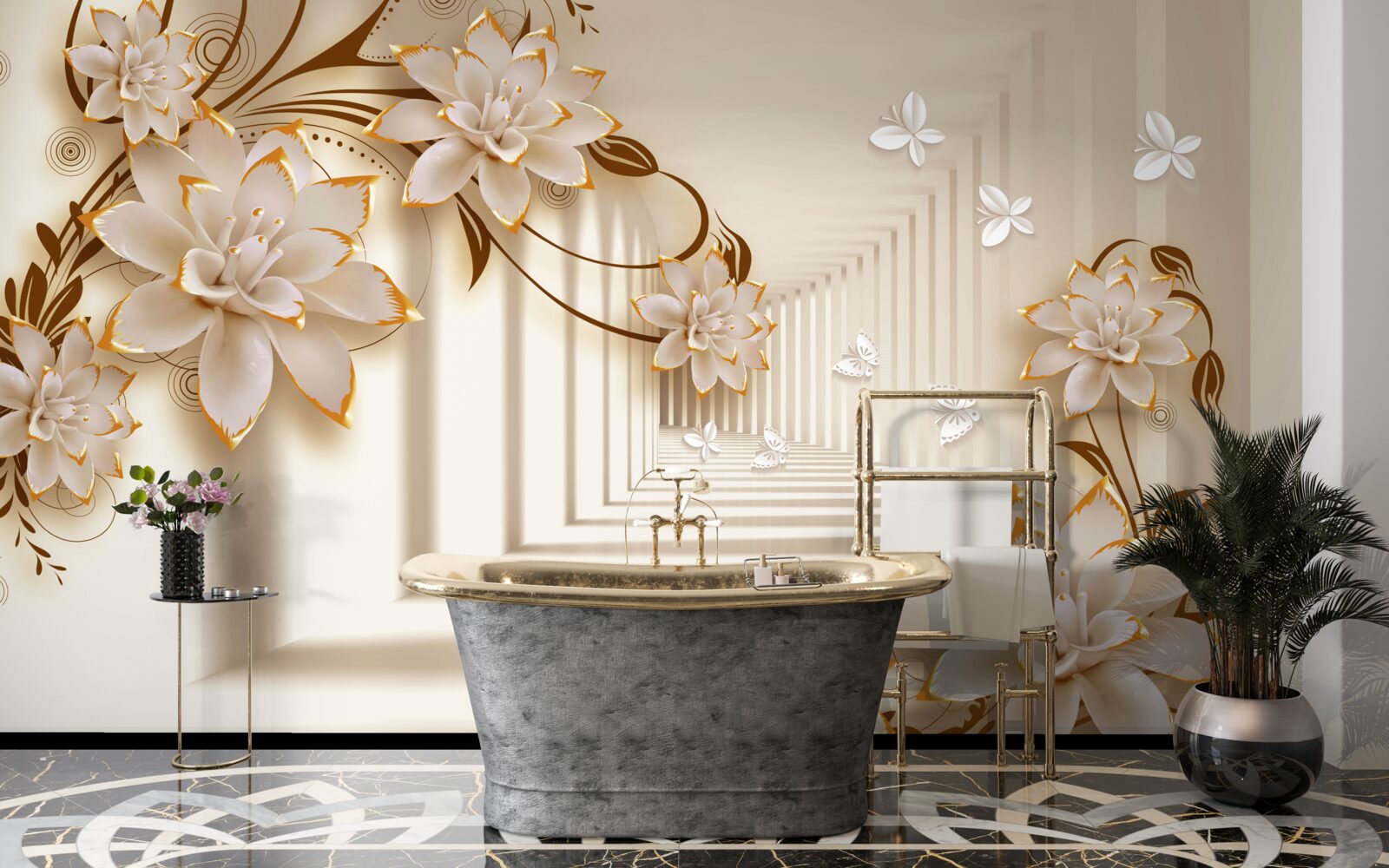 Papier peint les colonnes et les fleurs créent un tunnel irréel