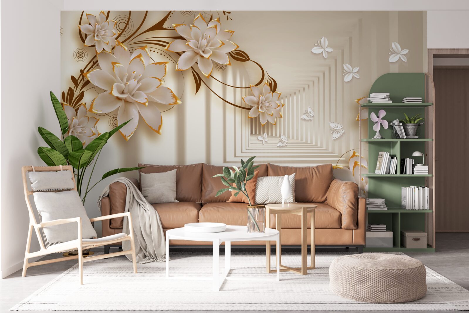 Papier peint les colonnes et les fleurs créent un tunnel irréel