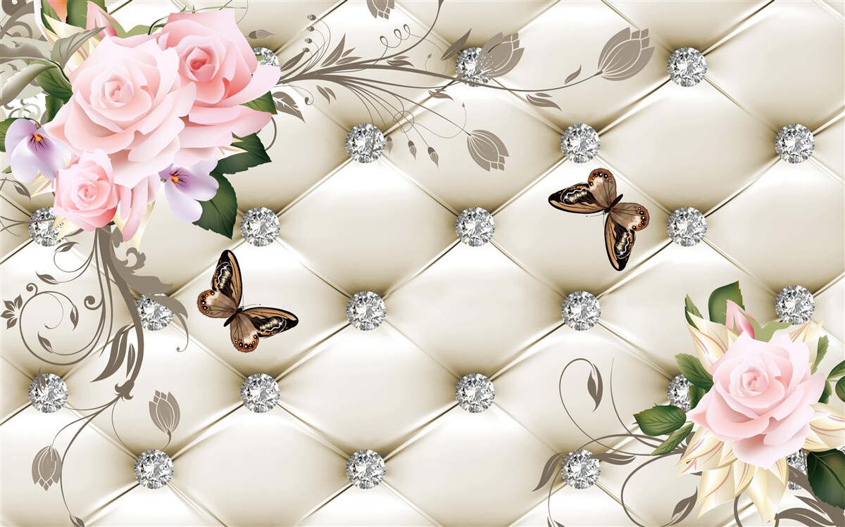 Papier peint décoration en tissu sur des roses dans les tons de rose avec des papillons en vol stationnaire au-dessus d'elles