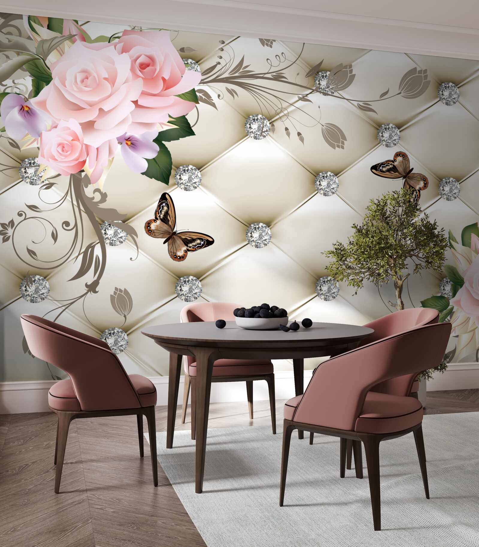 Papier peint décoration en tissu sur des roses dans les tons de rose avec des papillons en vol stationnaire au-dessus d'elles