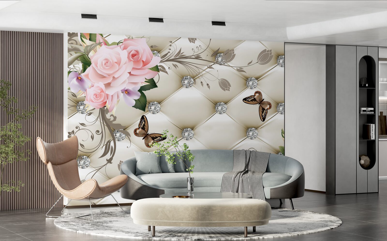 Papier peint décoration en tissu sur des roses dans les tons de rose avec des papillons en vol stationnaire au-dessus d'elles