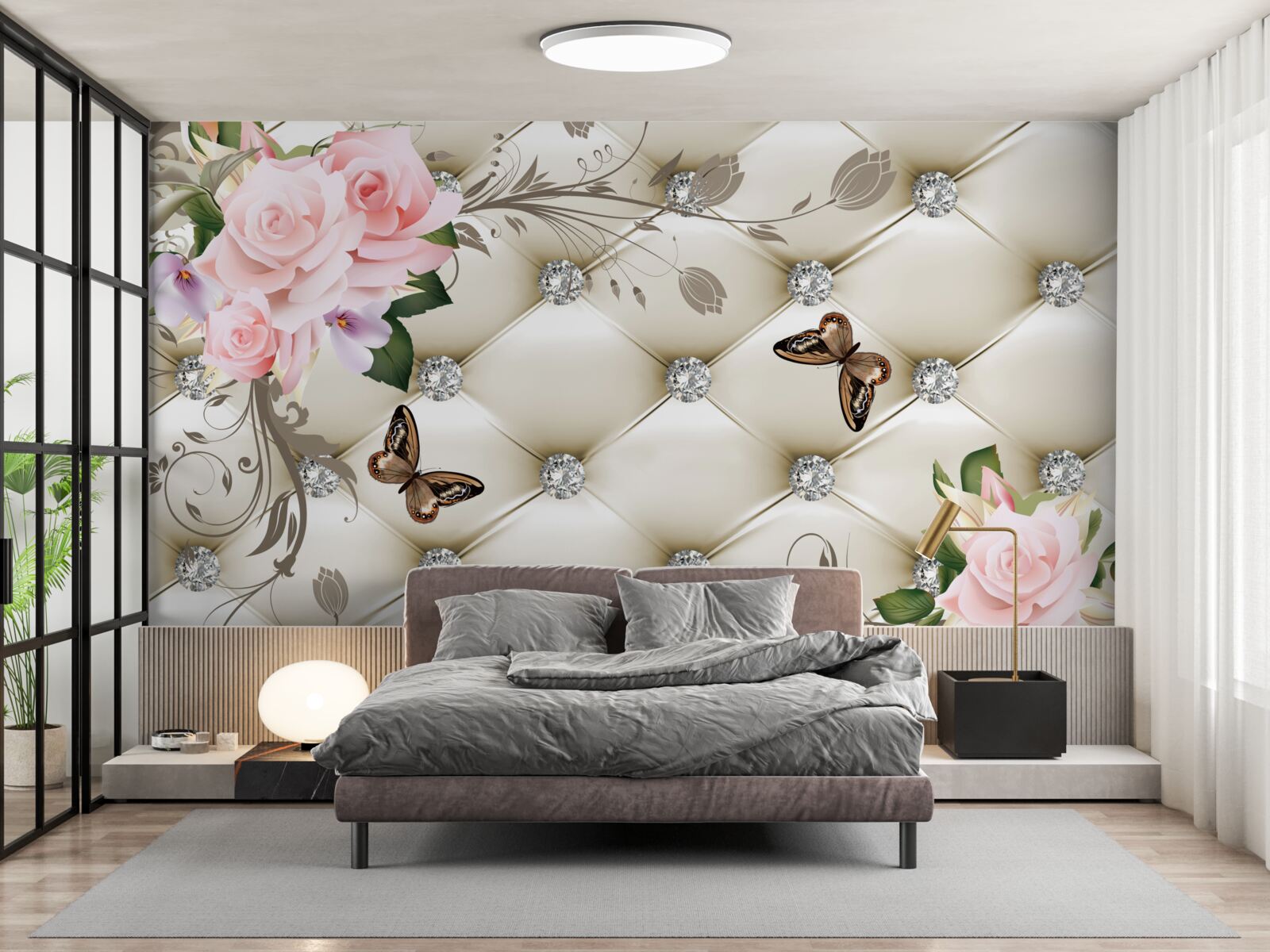 Papier peint décoration en tissu sur des roses dans les tons de rose avec des papillons en vol stationnaire au-dessus d'elles