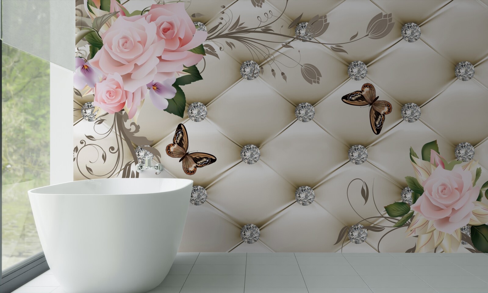 Papier peint décoration en tissu sur des roses dans les tons de rose avec des papillons en vol stationnaire au-dessus d'elles