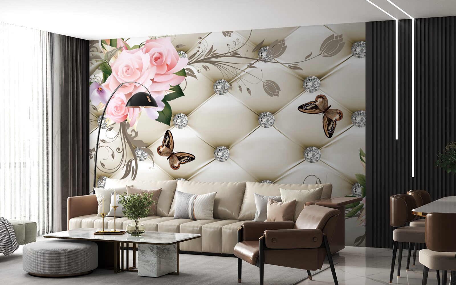 Papier peint décoration en tissu sur des roses dans les tons de rose avec des papillons en vol stationnaire au-dessus d'elles